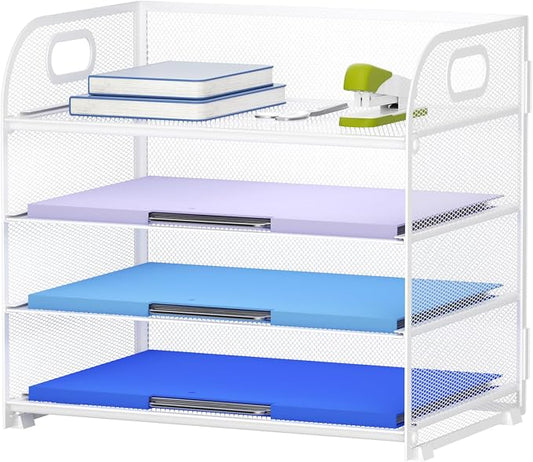 Marbrasse 4 Tier Paper Organizer Letter Tray, Mesh Desk File Organizer with Handle, Paper Sorter Organizer for Letter /A4 Office File Folder Holder（White, 12.6" x 9.1" x 10.7"）
