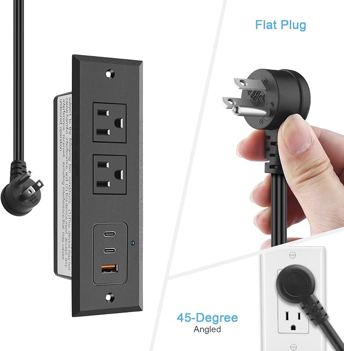 CCCEI Recessed Power Strip with 45W USB-C Ports, Fast Charging USB A Port Desk Outlet, Black Furniture Hidden Charging Station for Side Table, End Table, with 6 FT 45 Degree Flat Plug Extension Cord.
