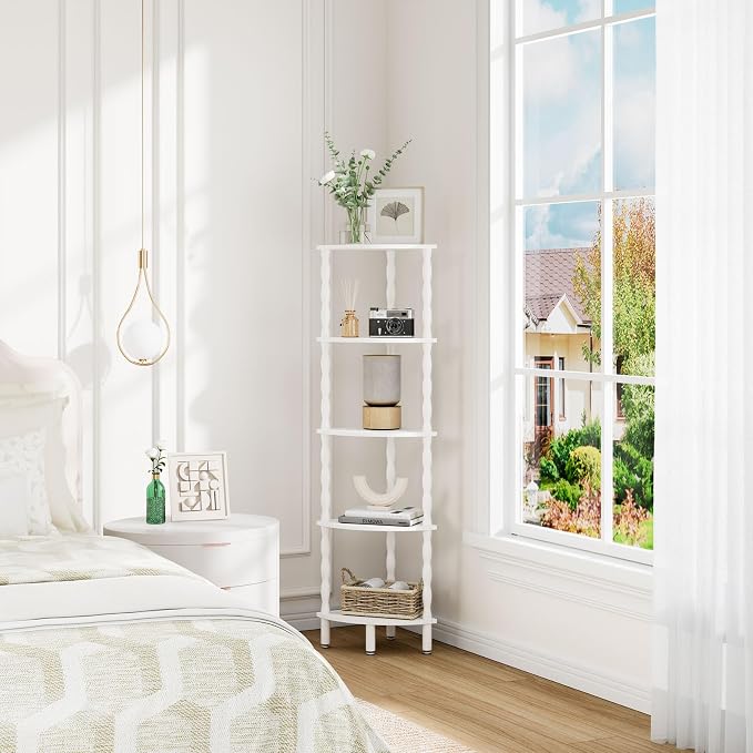 IBUYKE 5-Tier Corner Shelf,Stylish Corner Bookshelf for Small Spaces,Industrial Corner Storage Display Shelves,Small Corner Table for Bedroom,Bathroom,Kitchen, White WBC020W