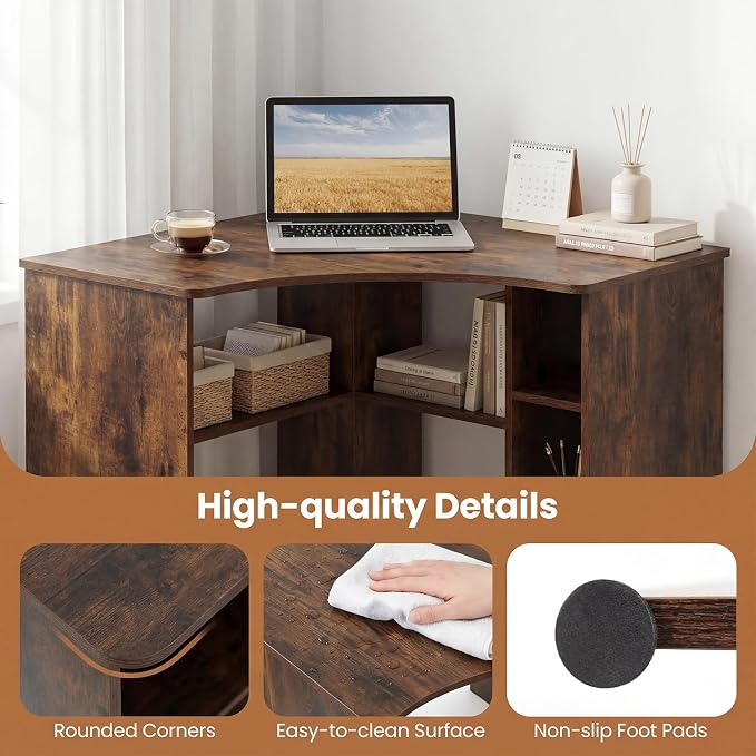 Tangkula Corner Desk with Charging Station, 90-Degree Triangle Computer Desk with Ergonomic Curved Edge & Open Storage Shelves, Writing Study Desk for Small Spaces Home Office