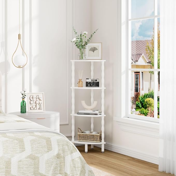 IBUYKE 4-Tier Corner Shelf,Stylish Corner Bookshelf for Small Spaces,Industrial Corner Storage Display Shelves,Small Corner Table for Bedroom,Bathroom,Kitchen, White WBC019W
