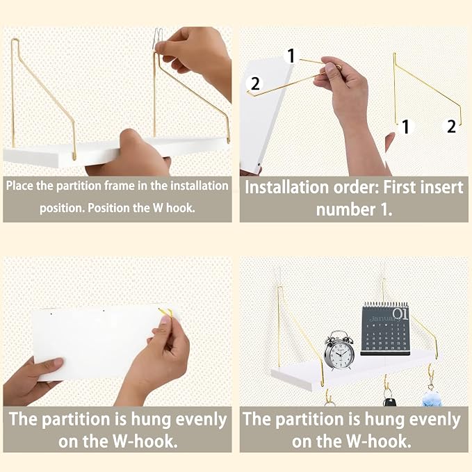 2-Pack Cubicle Shelf For Fabric Walls With Hooks：12x6.0in White Wooden Cubicle Shelf Hanging Organizer Gold Shelves Accessories Office Stylish Ations cubical Decorations For Women Desk work storage