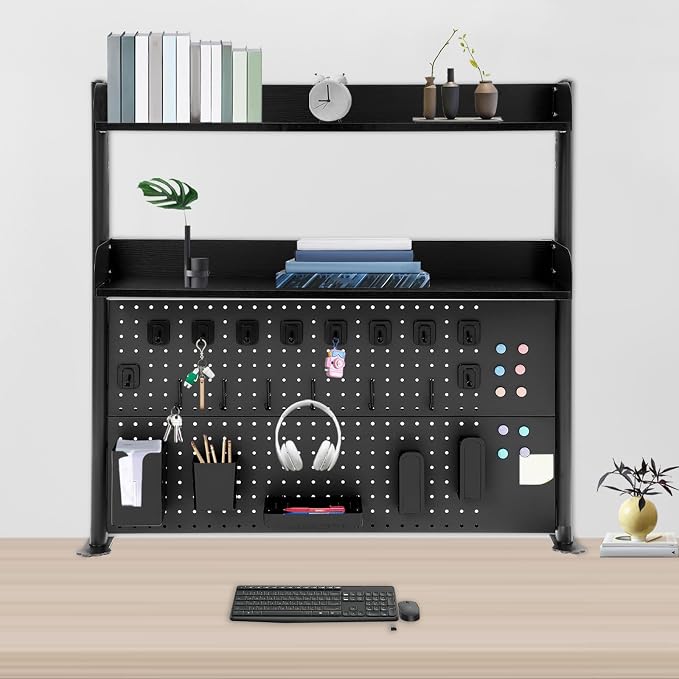 Clamp On Desk Organizer Shelf, Pegboard Multipurpose Countertop Desk Hutch, Desktop Bookshelf Bookcase Storage Shelves for Home Office Dorm Gaming Desk (Black)