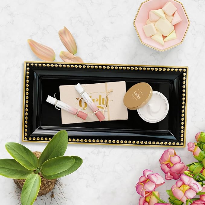 2 Pack Black Bathroom Vanity Tray for Countertop with Beads, Small Plastic Toilet Tank Versatile Storage Organization Tray for Makeup, Perfume, Desk, Kitchen, Candles, 14"x7"x1", 36B