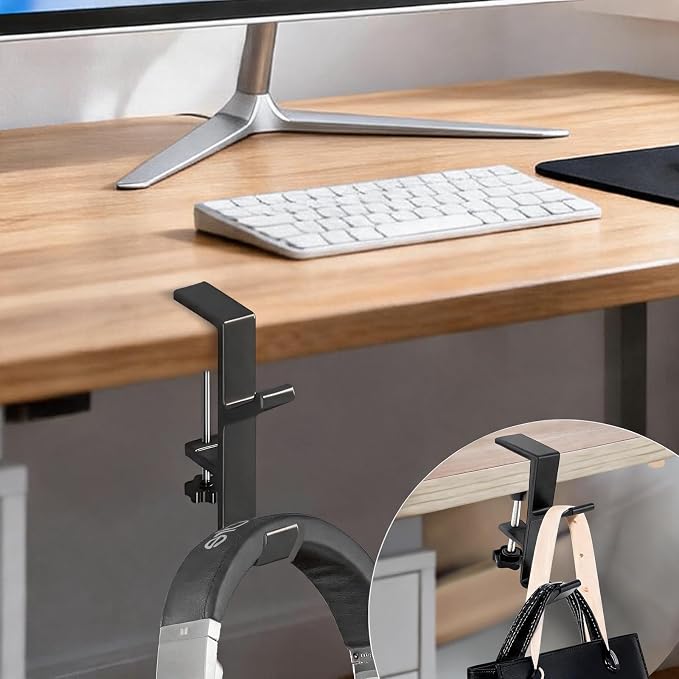 Desk Mount Bag Holder Hook Clamp,On Backpack Hanger Portable Desk Mount Headphones Holder for Reduce Desk Clutter Table Desk Table Hanging Storage (1 Pcs-Double Hook Black)