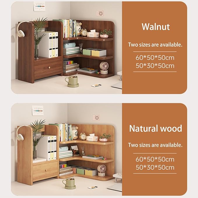 Corner Desktop Bookshelf with Drawer Wood Storage Organizer Shelves for Home Office Walnut 50cm/19.69in