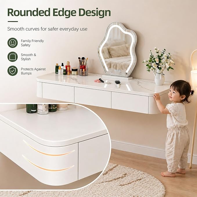 Floating Makeup Vanity Desk with Drawers Wall Mounted Makeup Table with Storage Fully Assembled Floating Vanity Desk Space Saving Modern Dressing Table for Bedroom Closet(White,23.6")
