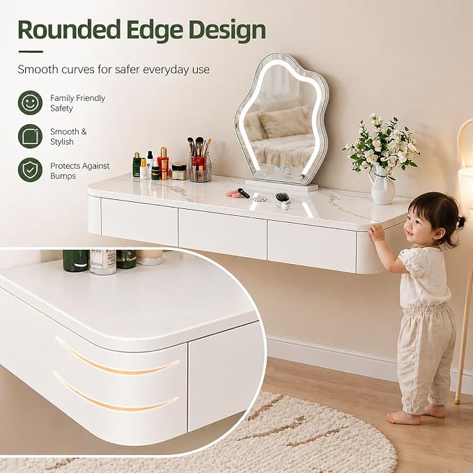 Floating Makeup Vanity Desk With Drawers Wall Mounted Makeup Table With Storage Fully Assembled Floating Vanity Desk Space Saving Modern Dressing Table For Bedroom Closet(Dark Khaki Marble,39.3")