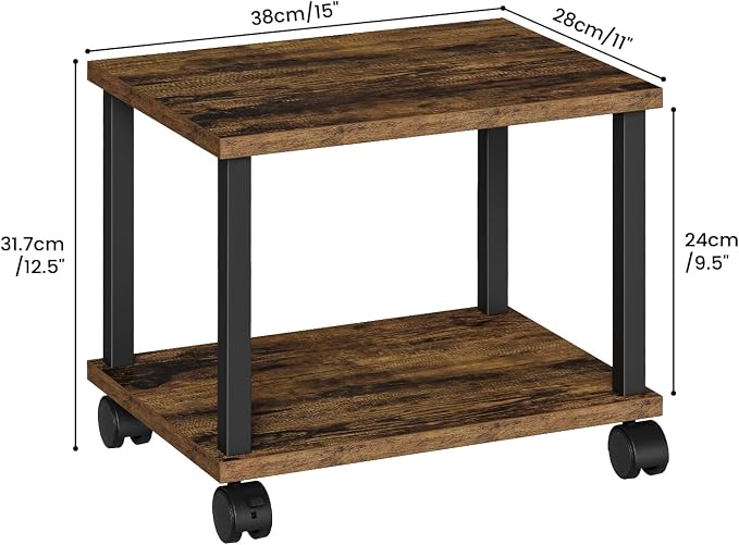 Asgolion Small Printer Table, 2-Tier Under Desk Printer Stand, Printer Stand with Wheels, Printer Shelf for Small Spaces, Printer Cart for Home Office, Rustic Brown