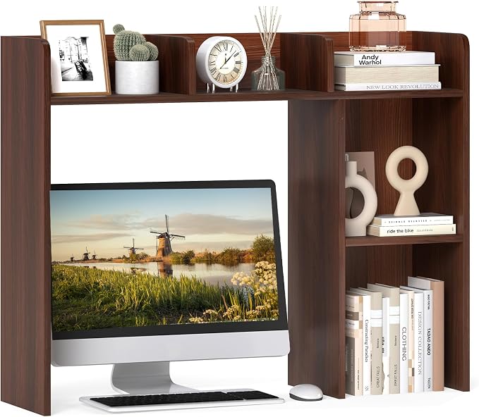 MAT EXPERT Desk Organizer, Wooden Desktop Shelf for 27 Inch Monitor with 5 Shelves & Non-Slip Foot Pads, Anti-Tipping Device, Multipurpose Desk Hutch for Study, Office, Dorm (Walnut)