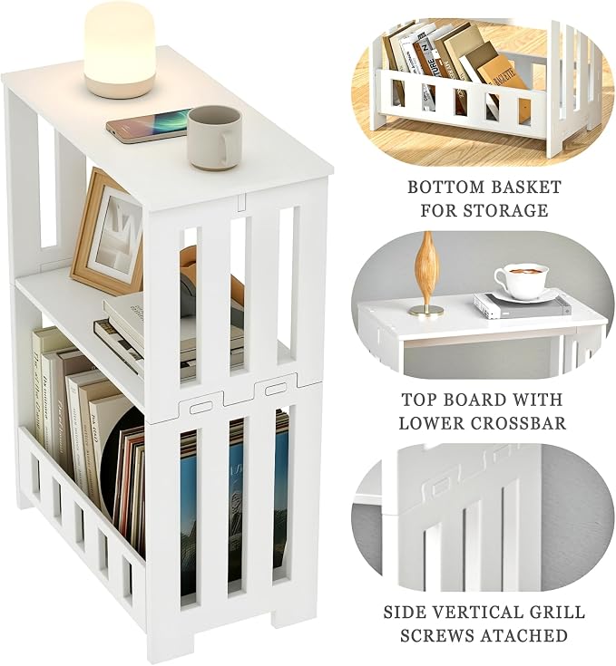 HAYOFAMY 3 Tier Side Table Night Stand, Narrow End Table with Display Shelf, Small Bookcase Bookshelf, Simple Bedside Table Storage Rack for Bedroom, Living Room, Office, Bathroom, White