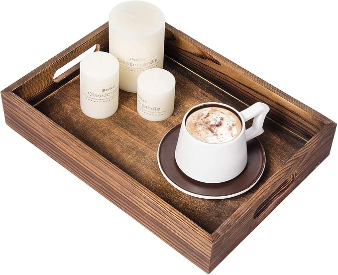 Rustic Brown Wood Food Serving Tray Cutout Handles Breakfast in Bed Coffee Wine Rectangular Ottoman Nesting Crate Tabletop Storage Box Desktop Document Holder Party Office Home Kitchen