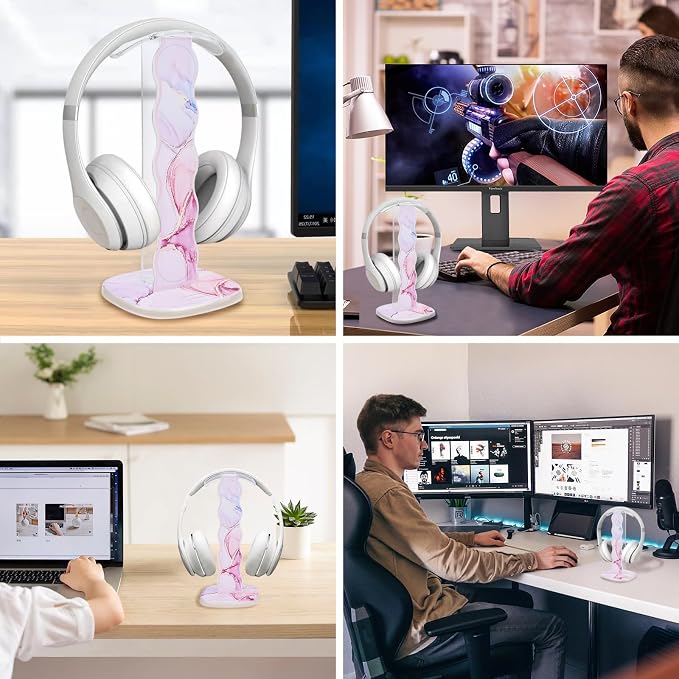 CamyCosy Headphone Stand Gaming Headset Holder for Desk,Luxury Pink Marble Pattern Earphone & Cellphone Stand Desk Accessories for All Headphones Size