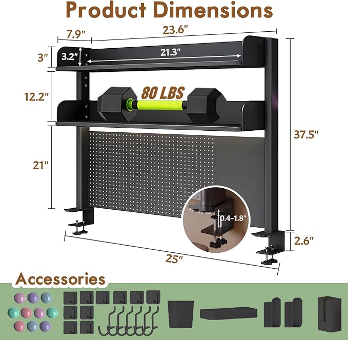 Clamp On Desk Shelf Organizer with Pegboard Desk Hutch Dorm with Storage Bookshelf Desk Top Organizer Shelf Multi-Purpose White & Black Desktop Shelves & Office Shelves (Black, W - 23.6")