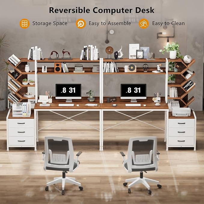 YOMILUVE Reversible Computer Desk with Hutch, Home Office Desk with Drawers and Bookshelf, 52'' Study Writing Desk with Storage Shelves for Bedroom Home Office, Brown and White
