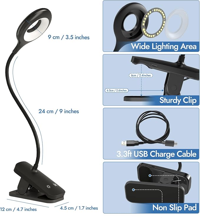 CUHIOY Clip on Reading Light for Bed Headboard, 5 Colors 5 Brightness Desk Lamp with Strong Clamp, USB-C Rechargeable Goose-Neck Night Light for Kids Bunk Bed Shelf, Perfect for Reading & Working