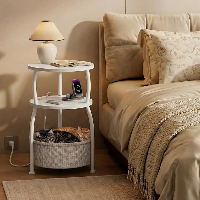 Round End Table with Charging Station, USB Ports, 15.75in Small Side Table with Storage Basket, Coffee Table Sofa Side Table for Small Spaces, Nightstand for Living Room Bedroom Matte White