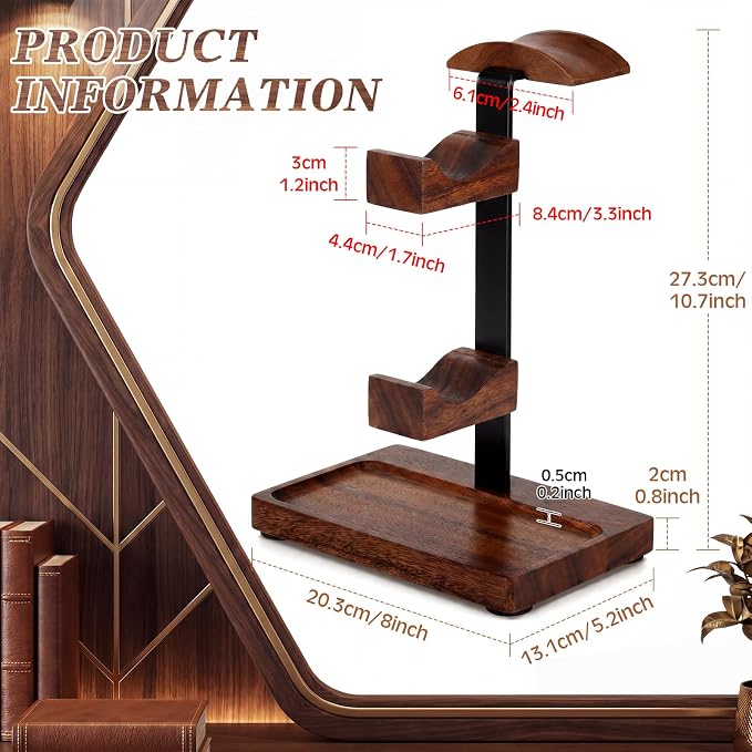 Headphone Stand with Controller Holder, Gaming Headset Stand for Desk, Walnut Headphone Holder Desk Organizer Gaming Accessories Gift for Gamers(Deep Walnut)