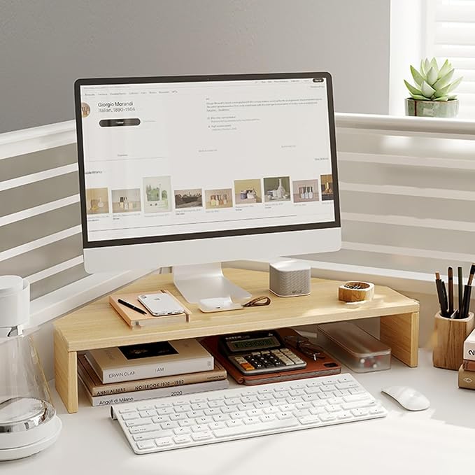 ROYUMI Triangle Corner Computer Stand, Desk Corner Monitor Riser with Storage, Keyboard & Mouse, Screen Stand Office Workspace Organizer (Natural, H-8cm)
