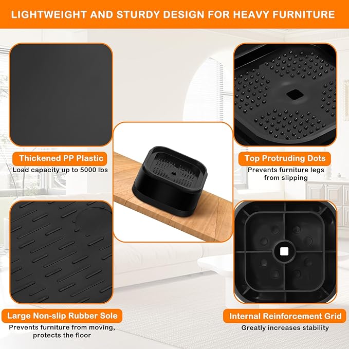 Furniture Risers Adjustable Bed Risers Heavy Duty Lifts Height 2", Square Stackable Bed Risers 1, 2, 3 or 4 Inch for Desk Leg Table Couch Sofa Chair Bed Frame Legs Dorm, 1+1 Inch, Black, 8 Pack