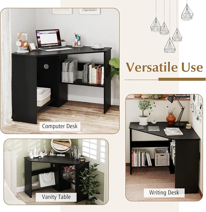 Giantex Corner Desk, Space-Saving Triangle Computer Desk with Storage Shelves & CPU Stand, Modern Makeup Vanity Table for Bedroom, Writing Desk for Small Spaces (Black)