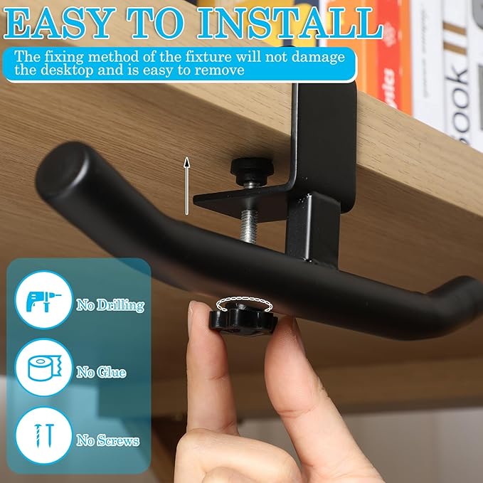 Geelin Bag Hook for Desk Table Heavy-Duty Backpack Hanger Clamp On Purse Holder Adjustable Under Desk Bag Hook for Headphones Handbag Hanger for Classroom Dorm Back to School(Black)