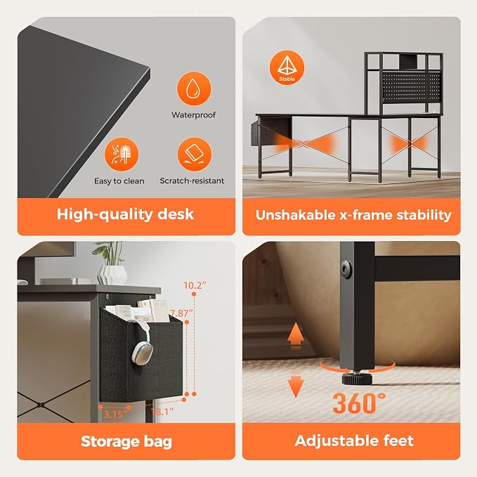 Mericonia 51 inch Large L Shaped Desk with Pegboard Hutch & Shelves, Corner Gaming Desk with Power Outlet, LED Light & Storage Bag, Reversible Computer Desk for Home, Bedroom, Office Workspace, Black