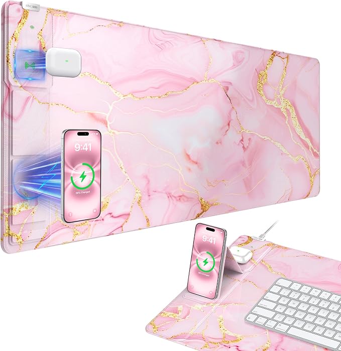 Wireless Charging Mouse Pad with Foldable Phone Holder, 31.5"x15.8" Large Desk Mat for Laptop/Keyboard, Waterproof Ultra-Smooth Surface, Non-Slip Base, Pink Marble