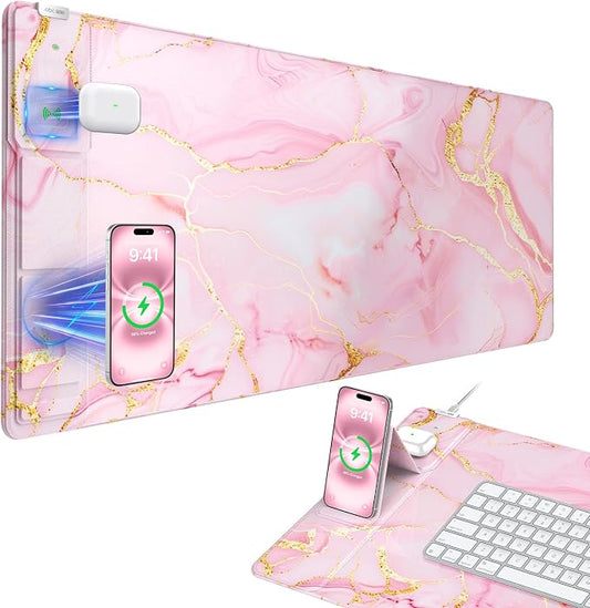 Wireless Charging Mouse Pad with Foldable Phone Holder, 31.5"x15.8" Large Desk Mat for Laptop/Keyboard, Waterproof Ultra-Smooth Surface, Non-Slip Base, Pink Marble