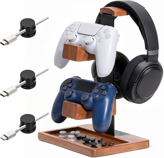 Headset Stand with Dual Controller Holder, Solid Wood Headphone Stand with Storage Base, Gaming Equipment Accessories for Desk, Controller Holder for Gamers