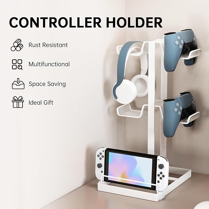 Multi-Tier Game Controller Holder Ideal Gamer Gift Controller Organizer for Playstation 5 PS4 Xbox Headphone Stand Gaming Desk Accessories (White, 2-Tier)