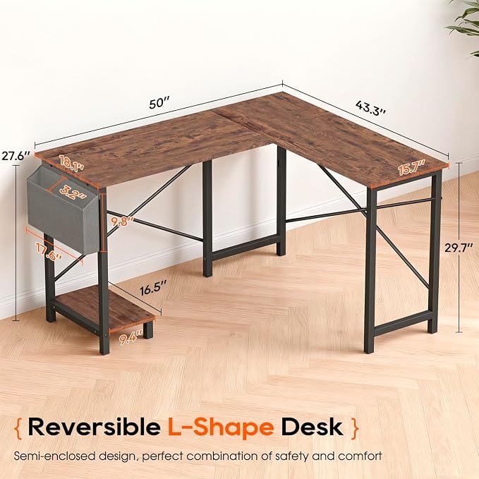 Dkelincs 50-Inch L Shaped Desk, Corner Computer Desk & Gaming Desk for Home Office and Dorm, Sturdy Writing Workstation with CPU Stand and Side Storage Bag (Brown)
