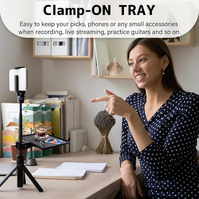 BILIONE Microphone Stand Tray with Crab Clamp, 10.6" x 7.8" Large Tray Shelf Attachment Clamp on Studio Music Floor Stands for Storage