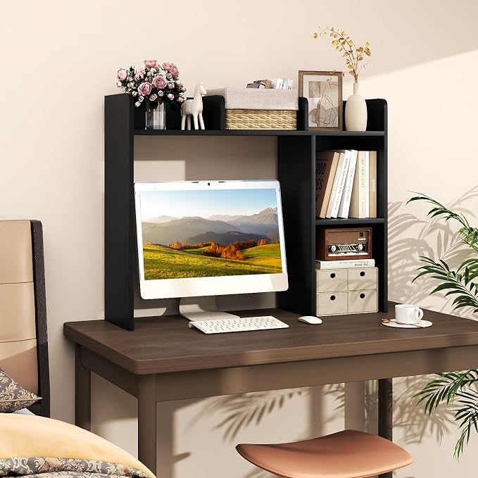 MAT EXPERT Desk Organizer, Wooden Desktop Shelf for 27 Inch Monitor with 5 Shelves & Non-Slip Foot Pads, Anti-Tipping Device, Multipurpose Desk Hutch for Study, Office, Dorm (Black)
