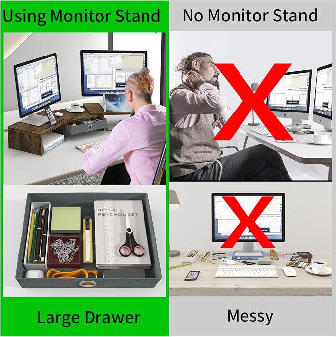 WESTREE Dual Monitor Stand Riser with Drawer, Monitor Stand Riser for 2 Monitors, Adjustable Length and Angle, 2 Solts for Phone & Tablet, Desktop Organizer Stand for Computer/Laptop/PC/Printer