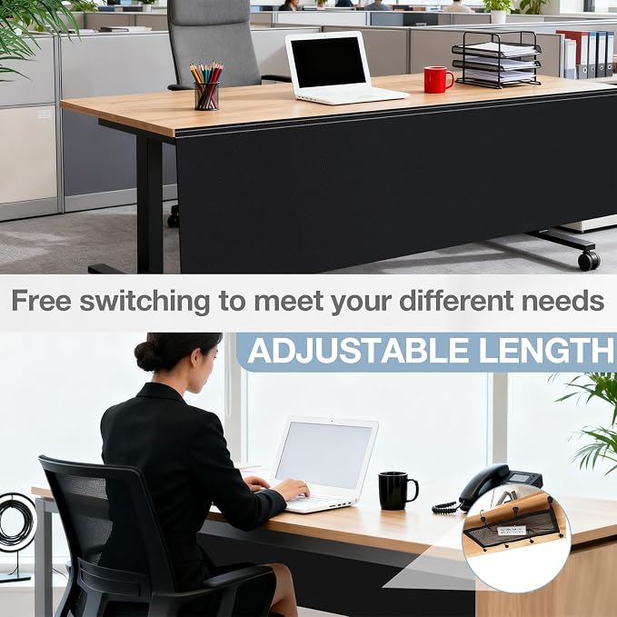 Tegeme 71'' Under Desk Privacy Panel with Cable Management Net Desk Skirt Self Adhesive Modesty Panel with Cord Organizer Pockets for Office Home Standing Workstation(Black)