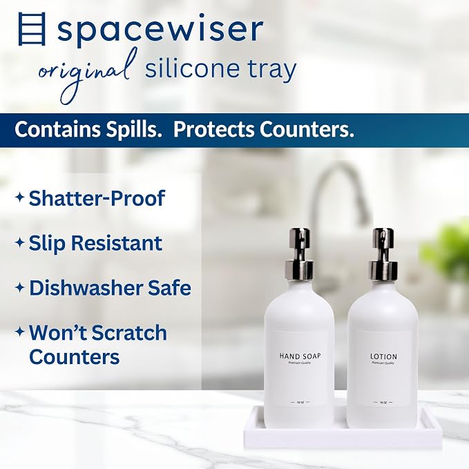 Spacewiser Countertop and Vanity Tray - Small 7.7” Silicone Tray for Soap Dispenser, Bathroom Trays, Dish Soap Trays for Kitchen Counter, Sink Caddy Sinks Organizer, Soaps Dish & Sponge Holder, White