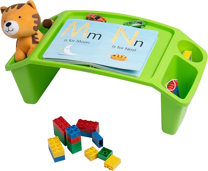Mind Reader Kids Lap Desk, Portable Activity Tray with Side Storage, Stackable Plastic Desk for Drawing, Snacks, Study, Set of 2, Green