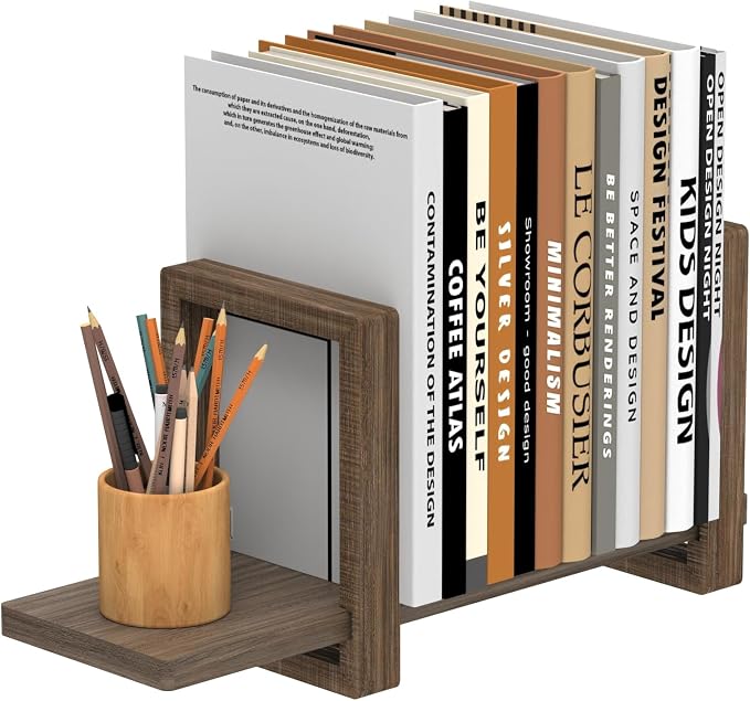 Adjustable Desktop Bookshelf Wooden Desk Book Holder Organizer Tabletop Bookshelf Mini Book Shelf Magazine Files Letters Storage Racks for Home Office Supplies, Great for Small Space, Dark Brown
