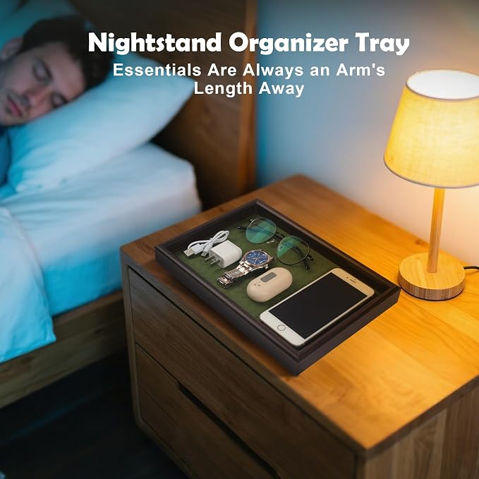 Wooden Valet Tray with Leather Base - Nightstand Catchall Organizer for Cologne, Perfume, Keys, Wallet, Phone, Watch, Jewelry & Sunglasses (Green)