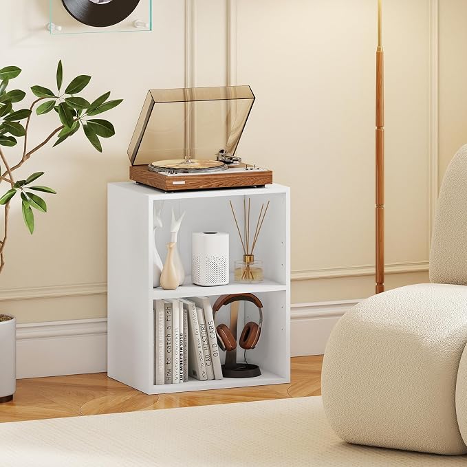 2 Cube Storage Organizer, 21" Small Bookcase with 5-Position Adjustable Panel, Under Desk Bookshelf, Modern Display Shelf, Wooden Cube Shelf for Home Office Bedroom (White)