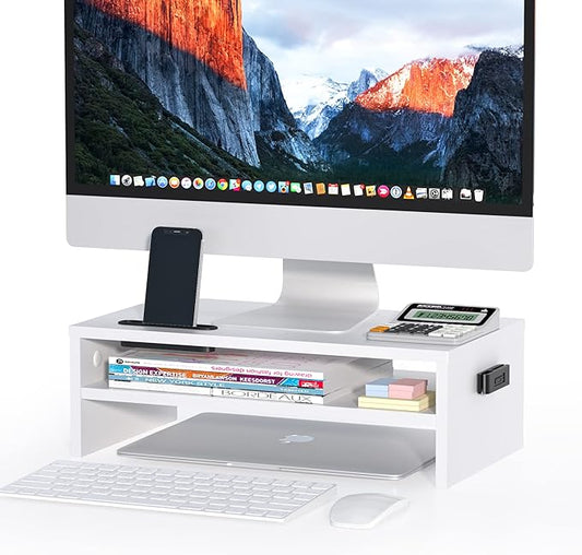 BONTEC Wooden Monitor Stand Riser for Desk, 2-Tier Computer Monitor Stand with Storage, 66 lbs Desk Shelf Organizer, Laptop & Printer Stand with Phone Holder and Cable Management, White, 16.5 Inch