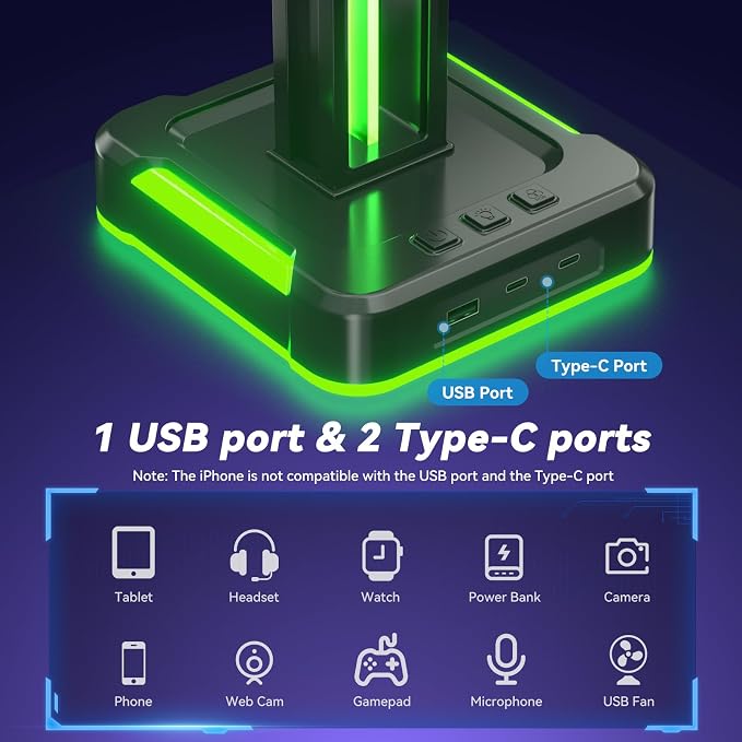 KDD RGB Headphone and Controller Stand with 2 Type-C and 1 USB Ports - Headset Stand with 9 Light Modes - Controller Headset Holder for Desk - Gaming headphone Holder for Gift and PC Room Accessories
