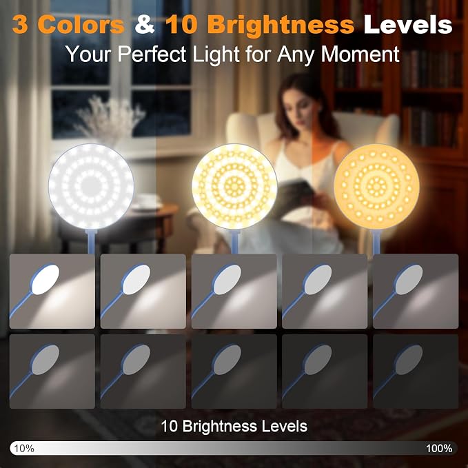 Rechargeable Desk Lamp with Clamp, 97 LED Eye-Care Table Light for Kids Bedroom with 3 Color & 10 Brightness, Cordless Clip on Lamp for Bed Book Reading Crafting Drawing Gaming Puzzle (Blue/4.7'')