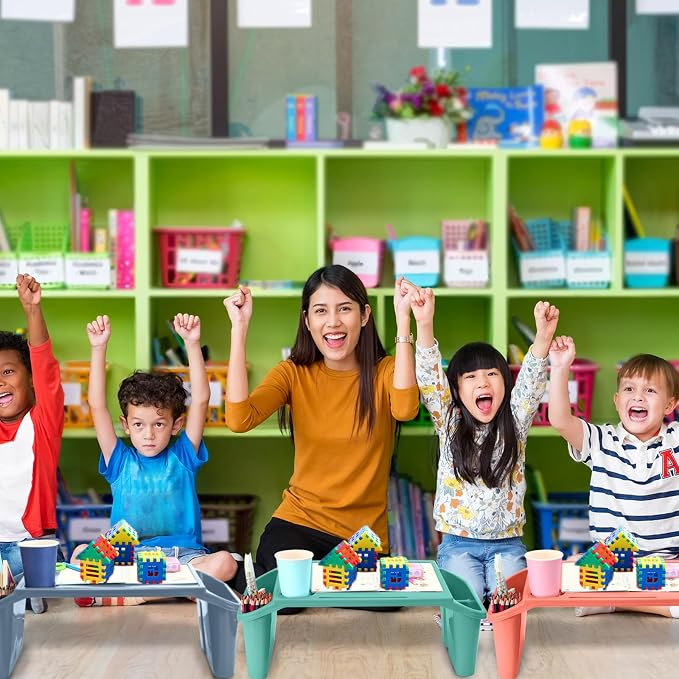 Beeveer 8 Pcs Kids Lap Desk Tray Bulk 19.7x9.6x7.1in Portable Lap Tray for Kids Plastic Table with Side Storage Space for Bed Classroom Laptop Children Car Activity Eating Floor (Colorful)
