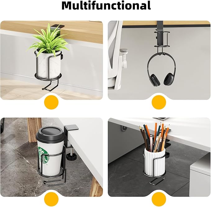 CABTE 2 Pack 2 in 1 Desk Mug Hooks with Headphone Hanger Holder, Anti-Spill Clip-On Table Mug Hooks with 360° Rotation for Lawn Chair, Office Home Gaming Table
