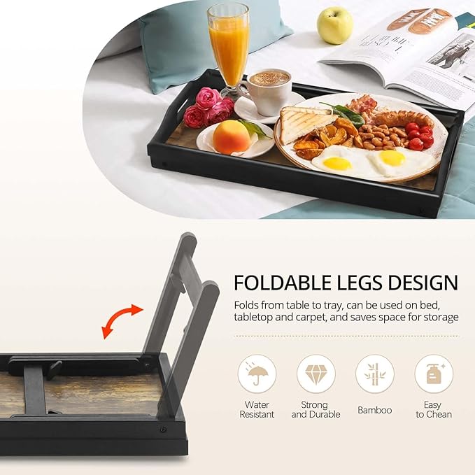 2 Pack Bed Tray Table with Adjustable Legs Breakfast Trays Serving Tray Bamboo Bed Laptap Floding Legs with Handles and Phone Holders