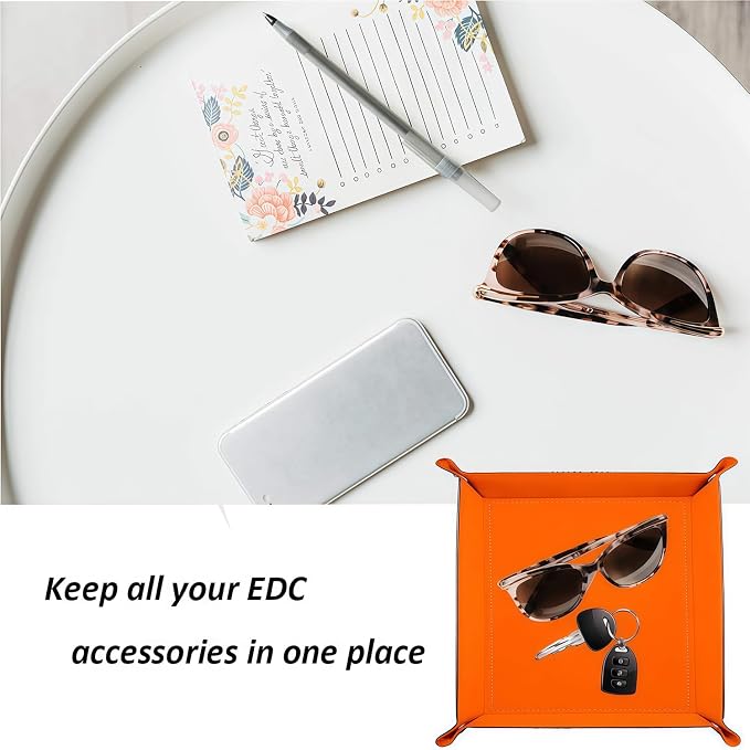 Valet Tray Desktop Storage Organizer – Vegan Leather Catchall Bedside Vanity Tray Nightstand Caddy Holder for Remote Controller, Watch, Keys, Phone, Wallet, Coin, Jewelry, Stone Brown