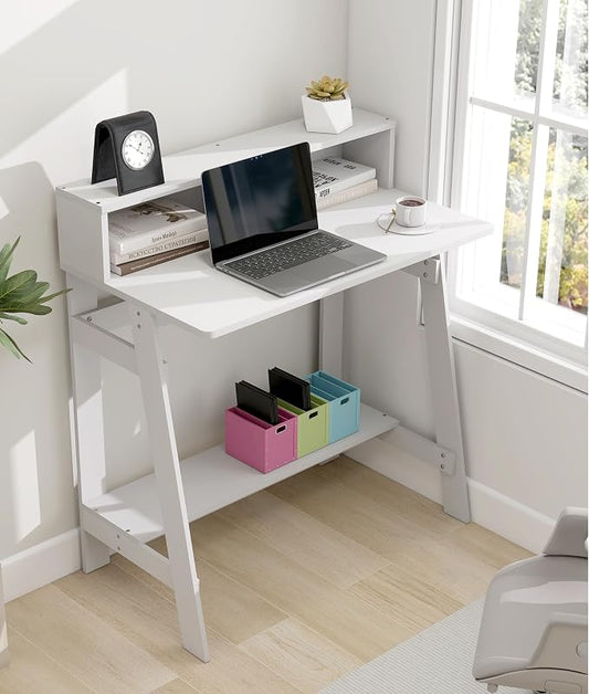 Small Desk for Bedroom, Computer Desk Office Desk with Storage, Corner Desk for Small Space, White