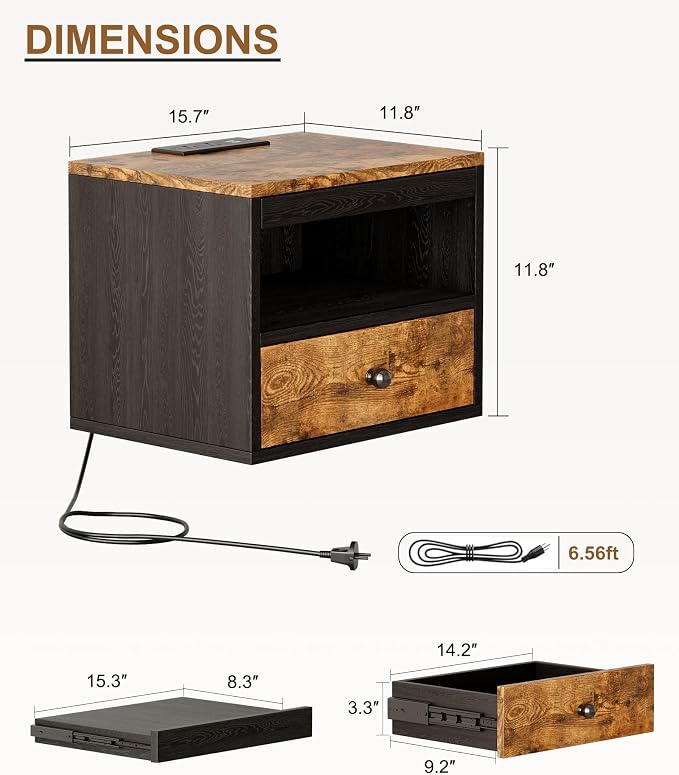 Floating Nightstand with Charging Station,Modern Bedside Table with Drawers and Extension Panel, Small Wall Mounted Nightstands for Bedroom Room，Floating Sofa Side Table（ Rustic Brown